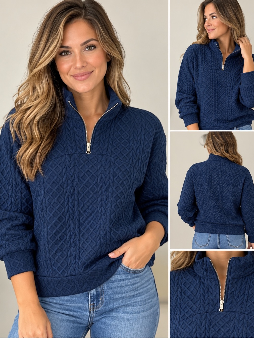 Nanette Lepore Play Women’s Medium Navy Diamond Quilted Quarter Zip Pullover